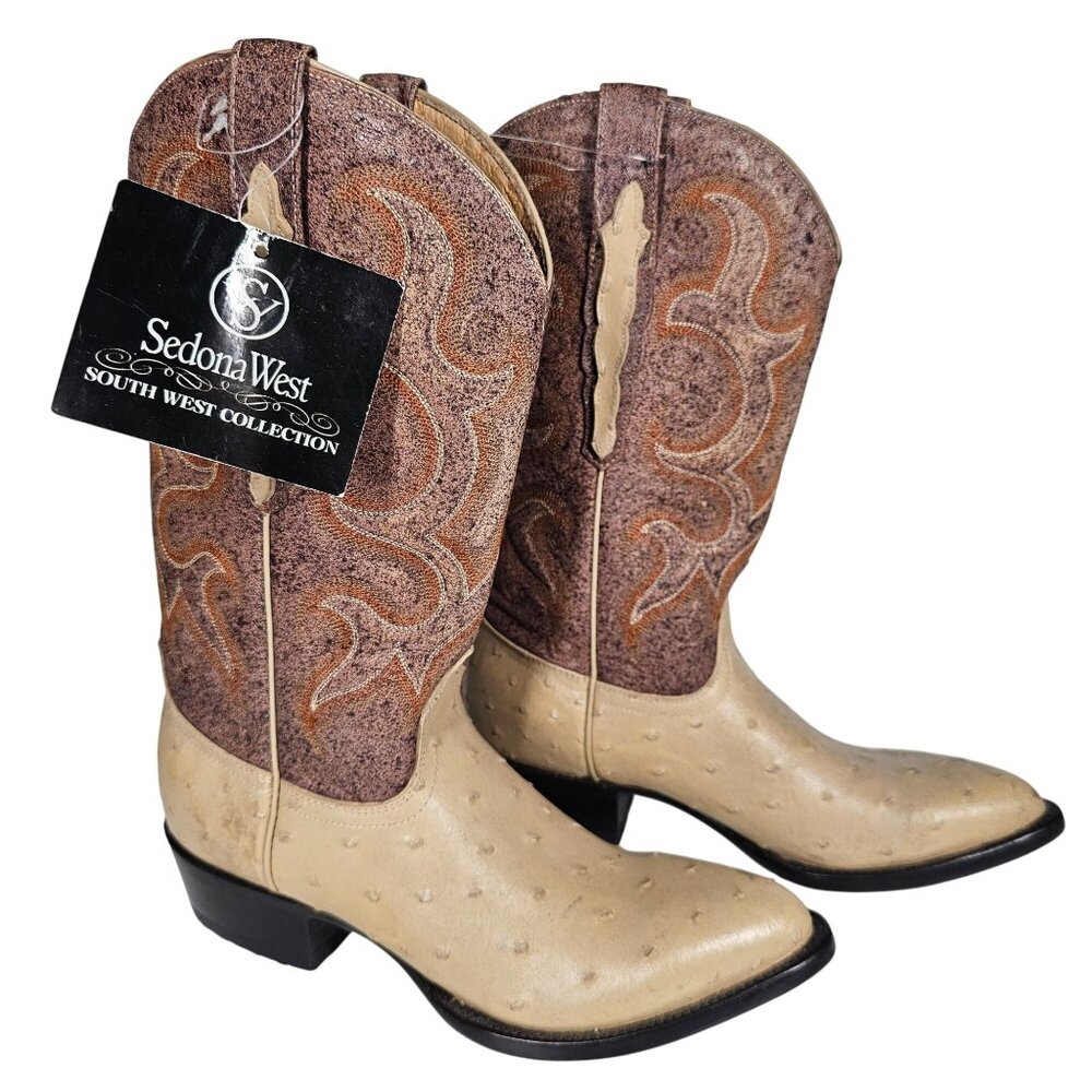 Vintage Sedona West Men's‎ Ostrich Leather Western Boots Tan Brown 7D